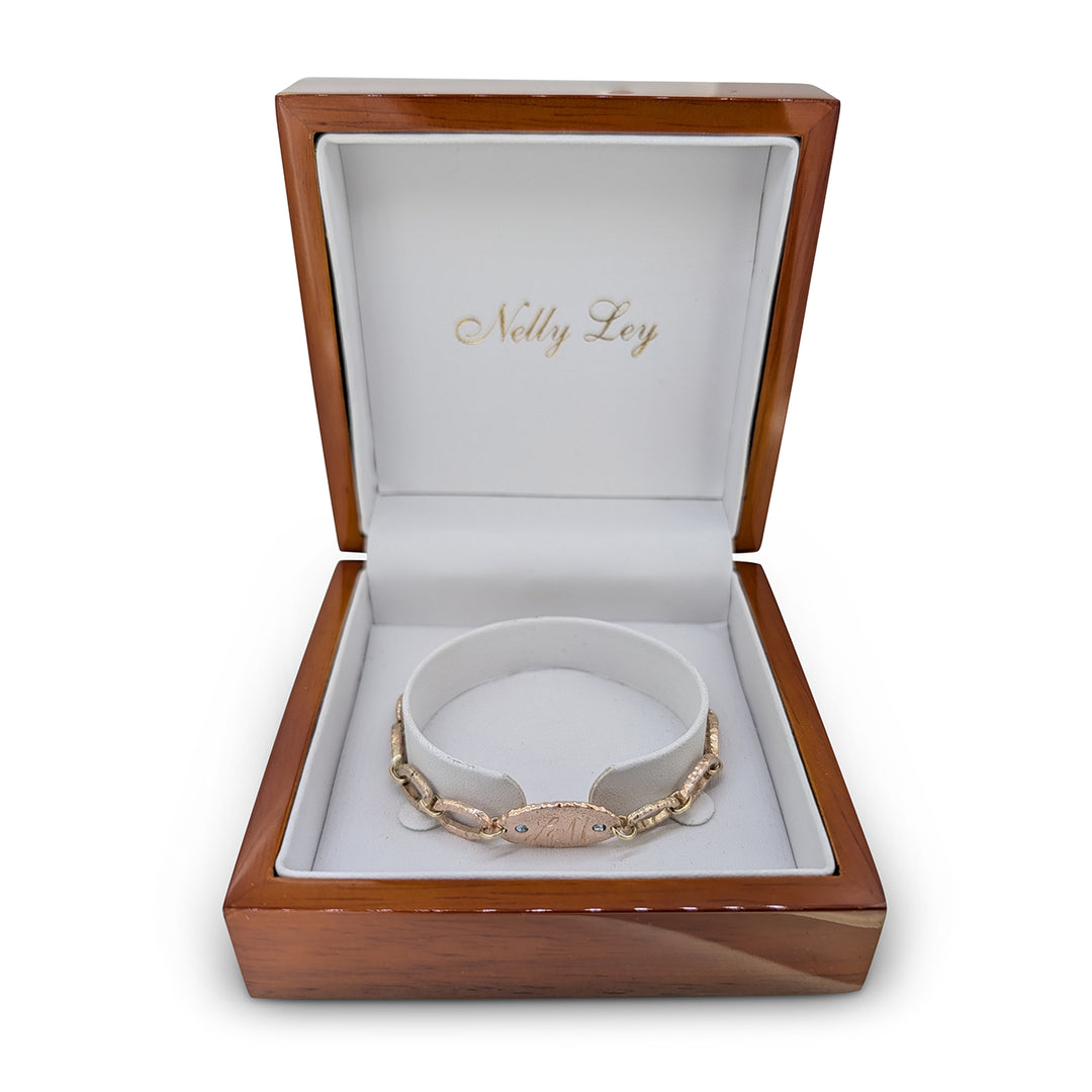 Bespoke 9ct Rose Gold Hammered Link Bracelet with Aquamarine & Personalised Initial Disc