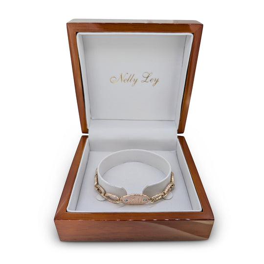 Bespoke 9ct Rose Gold Hammered Link Bracelet with Aquamarine & Personalised Initial Disc