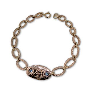 Bespoke 9ct Rose Gold Hammered Link Bracelet with Aquamarine & Personalised Initial Disc