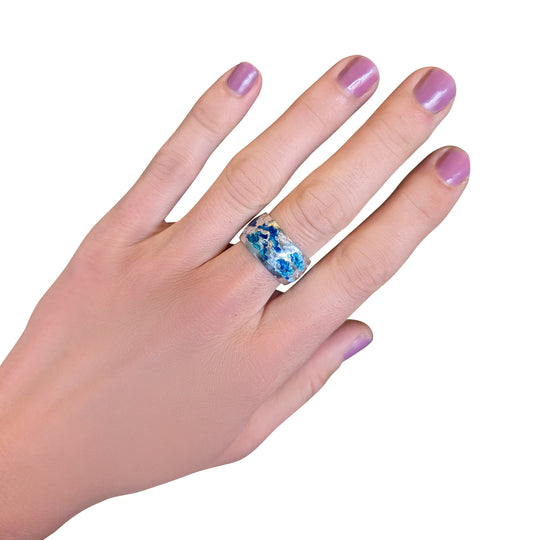 Sterling Silver Enamel Seagull Ring – Hand Painted Cloud Design Band
