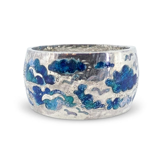 Sterling Silver Enamel Seagull Ring – Hand Painted Cloud Design Band