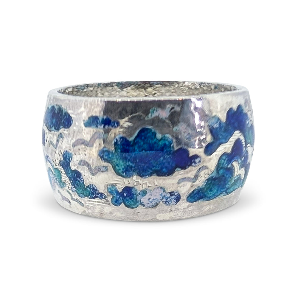 Sterling Silver Enamel Seagull Ring – Hand Painted Cloud Design Band