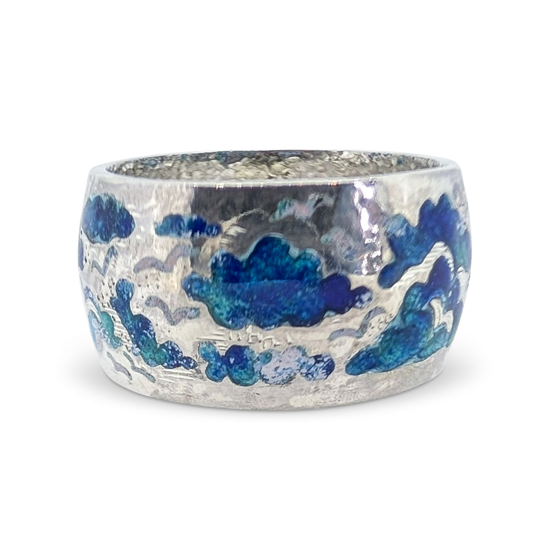 Sterling Silver Enamel Seagull Ring – Hand Painted Cloud Design Band