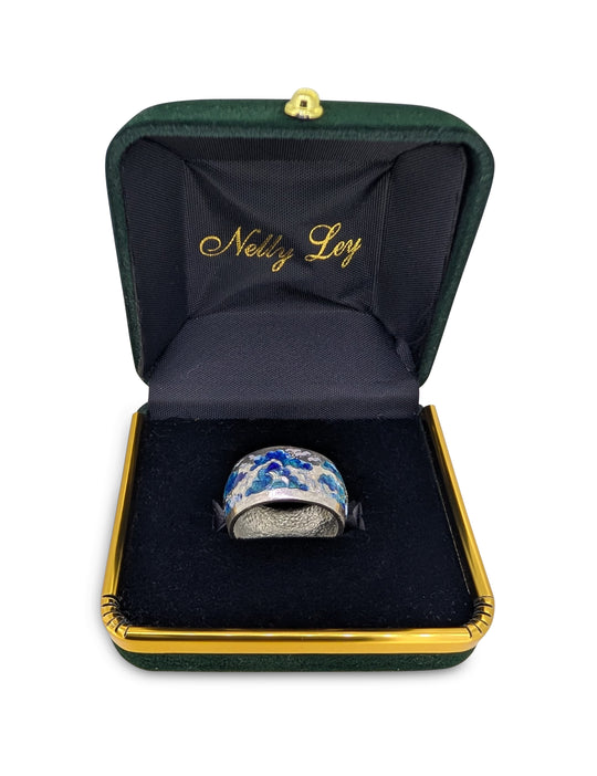 Sterling Silver Enamel Seagull Ring – Hand Painted Cloud Design Band