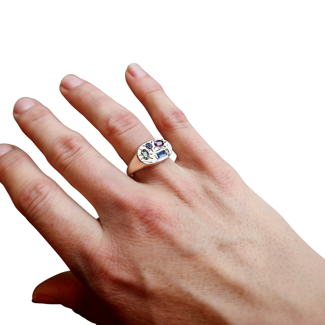 9ct Rose Gold Landscape Sapphire Ring – Handmade 1.5ct Multicolour Natural Stones