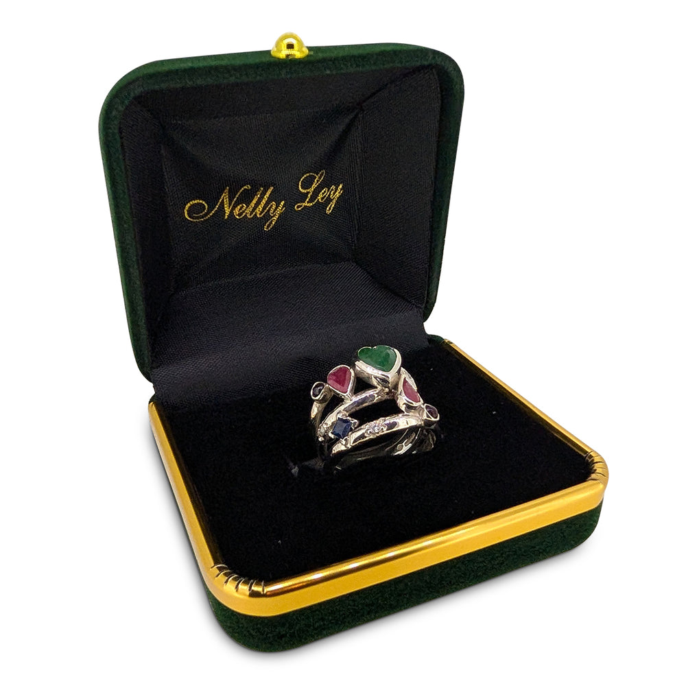 Sterling Silver Multi-Gemstone Ring – Emerald, Ruby, Sapphire & Diamond