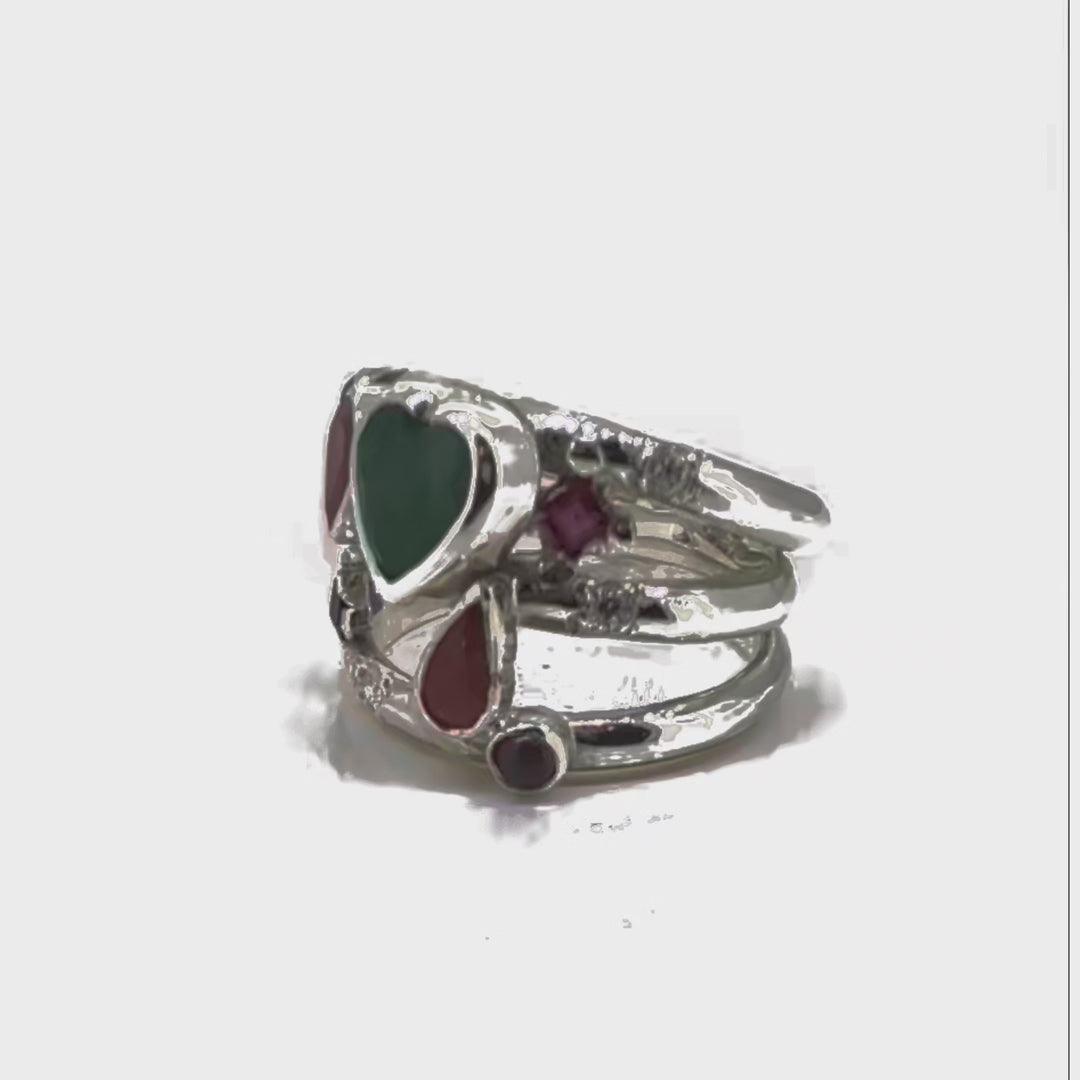 Sterling Silver Multi-Gemstone Ring – Emerald, Ruby, Sapphire & Diamond
