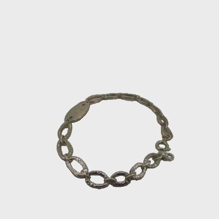 Bespoke 9ct Rose Gold Hammered Link Bracelet with Aquamarine & Personalised Initial Disc