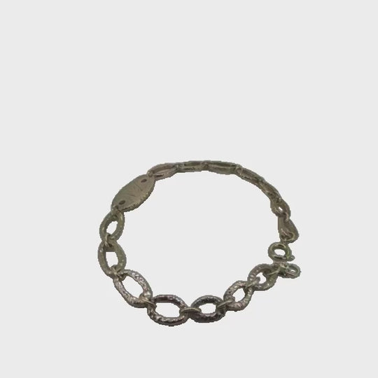 Bespoke 9ct Rose Gold Hammered Link Bracelet with Aquamarine & Personalised Initial Disc