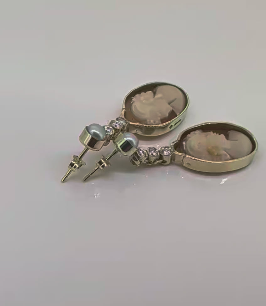 9ct Gold Carved Shell Cameo Earrings with Diamonds and Pearl – Handcrafted Luxury