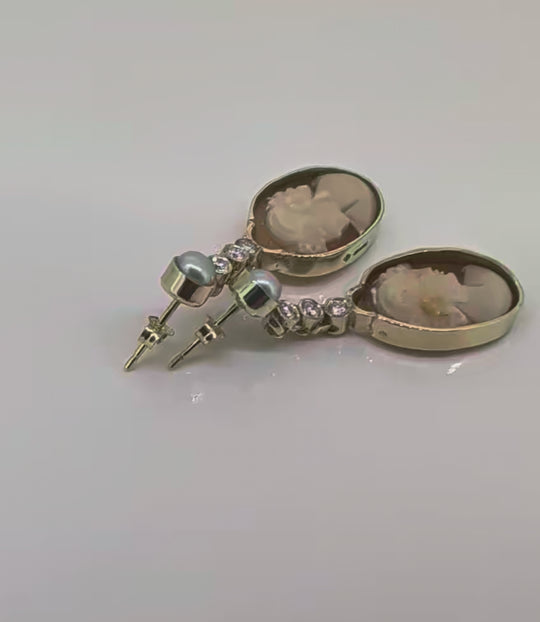9ct Gold Carved Shell Cameo Earrings with Diamonds and Pearl – Handcrafted Luxury